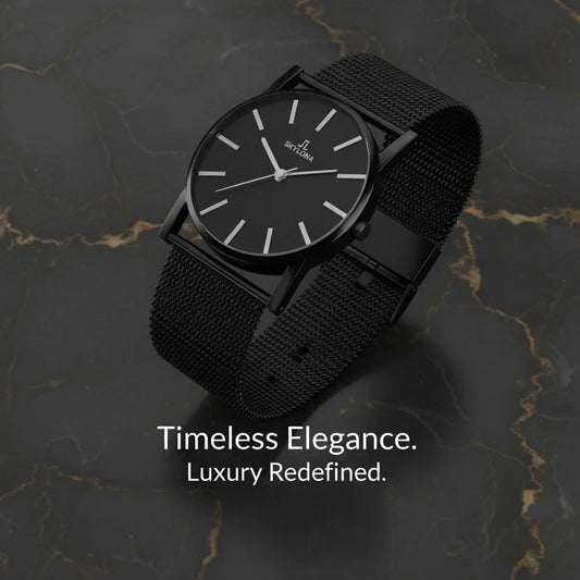 Black men’s wristwatch side view showing slim case and premium stainless steel mesh strap