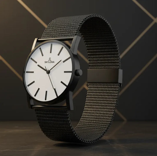 Side view of Elegance White minimalist watch with slim black case and mesh strap