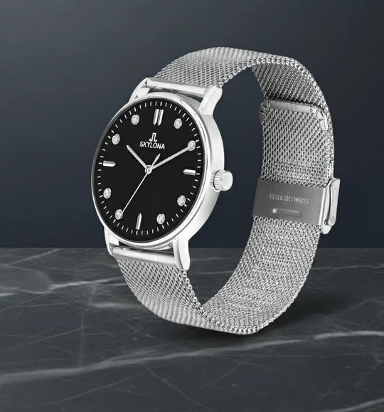 Skylona silver stainless steel watch with black dial front view