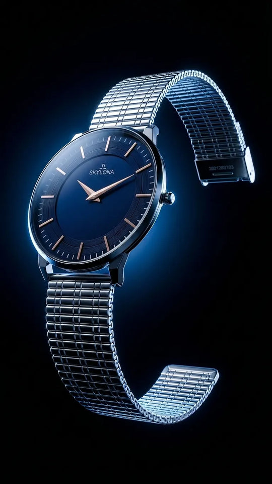 The Meridian Timepiece Midnight Deep Blue · Rose Gold Hands