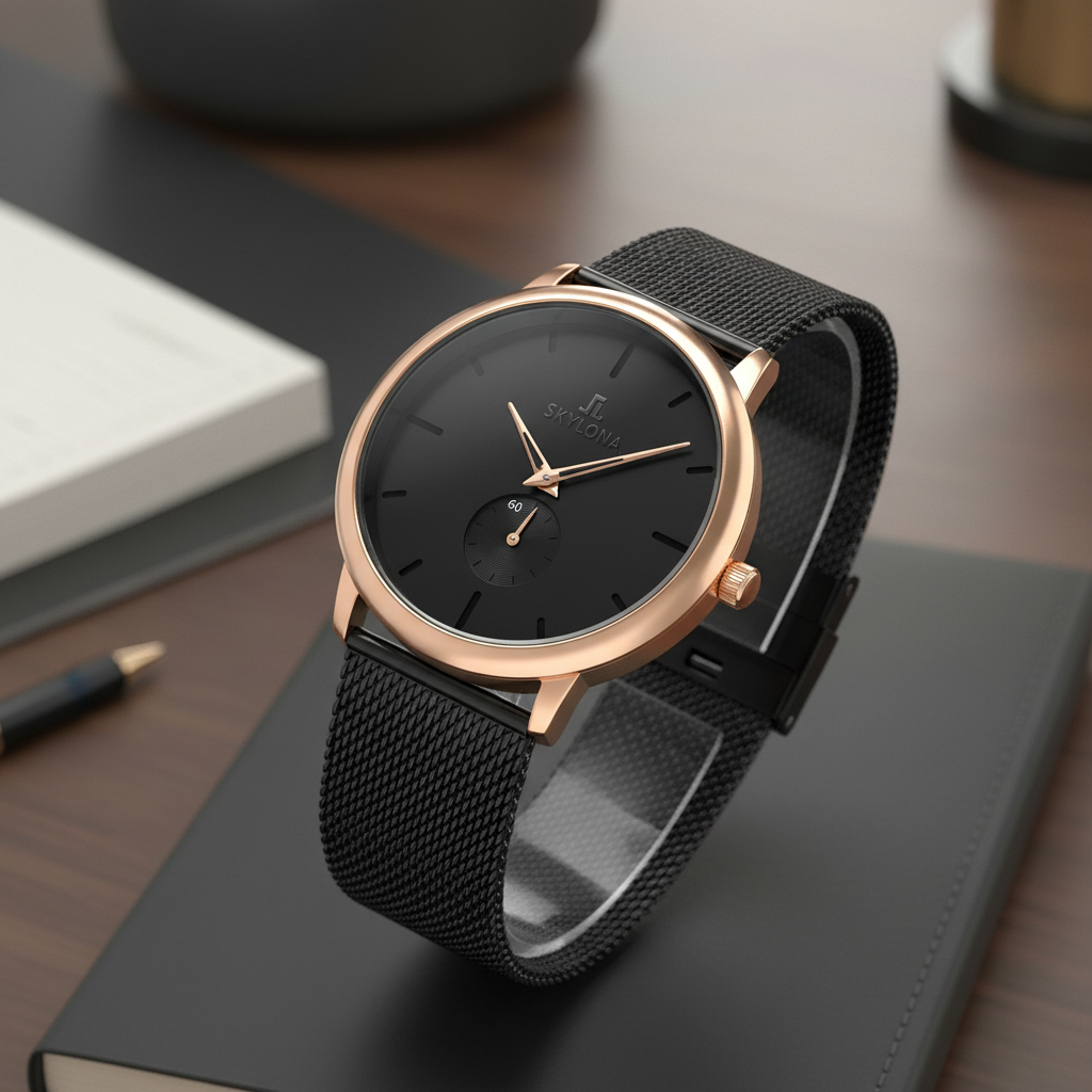 Black chronograph dial with silver hands and markers