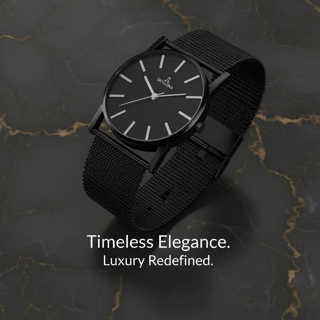 Black men’s wristwatch side view showing slim case and premium stainless steel mesh strap
