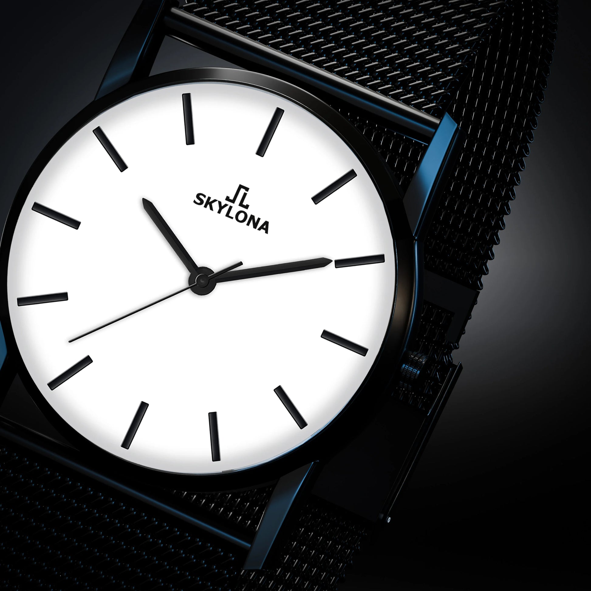 Black stainless steel mesh strap with clasp on Elegance White watch
