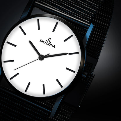 Black stainless steel mesh strap with clasp on Elegance White watch
