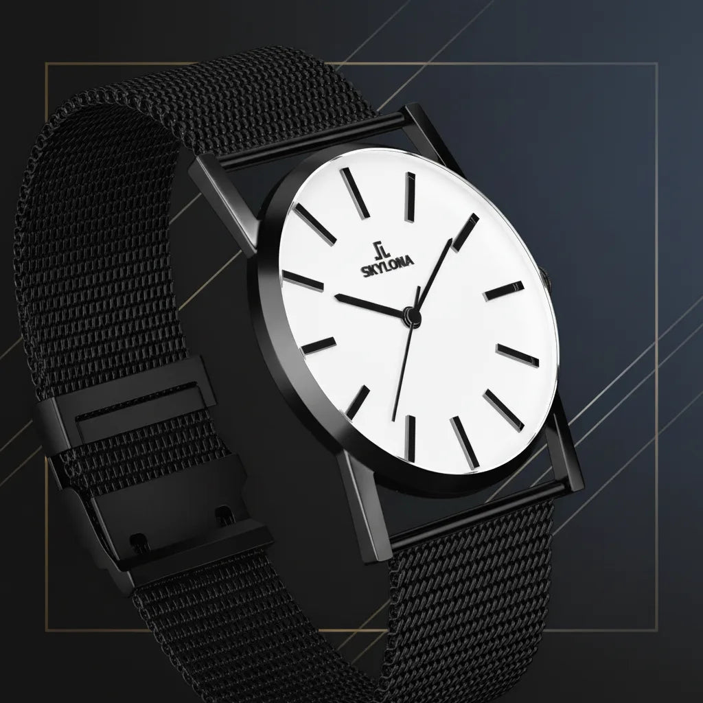 Clean white dial of Elegance White watch showing black hour markers and hands
