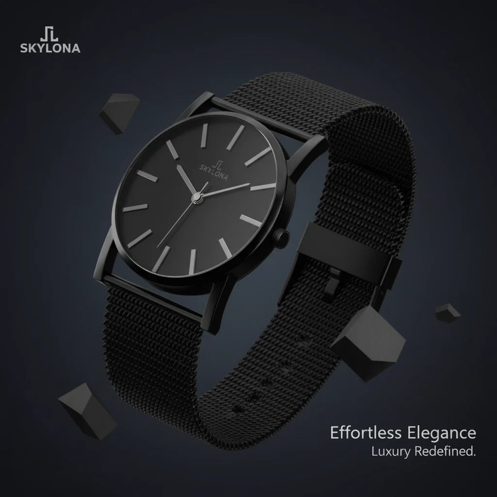 Elegance Black men’s analog watch with minimalist black dial and stainless steel mesh strap
