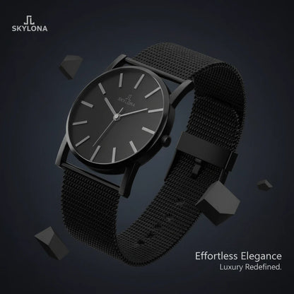 Elegance Black men’s analog watch with minimalist black dial and stainless steel mesh strap
