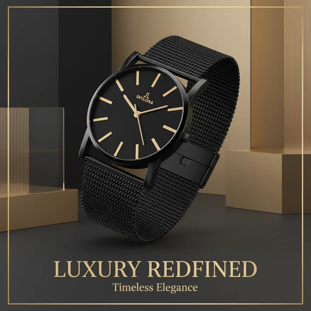 Elegance Gold men’s analog watch with minimalist gold dial and stainless steel mesh strap
