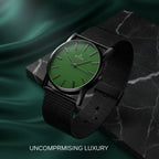 Elegance Green men’s analog watch with minimalist green dial and stainless steel mesh strap