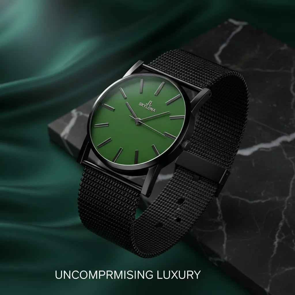 Elegance Green men’s analog watch with minimalist green dial and stainless steel mesh strap