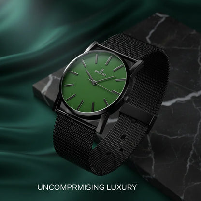 Elegance Green men’s analog watch with minimalist green dial and stainless steel mesh strap
