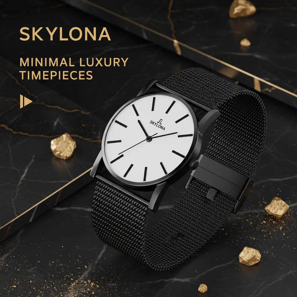 Elegance White men’s analog watch with white dial and black stainless steel mesh strap
