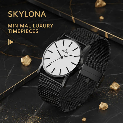 Elegance White men’s analog watch with white dial and black stainless steel mesh strap
