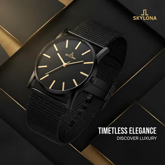 Gold men’s wristwatch side view showing slim stainless steel case and premium finish
