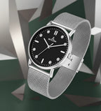 Men's black dial silver chain watch angled view