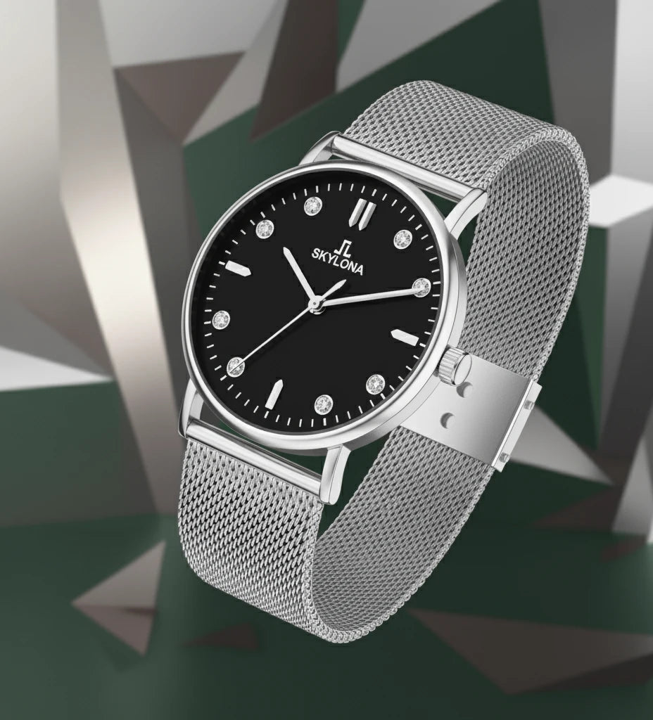 Men's black dial silver chain watch angled view