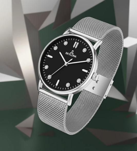 Men's black dial silver chain watch angled view