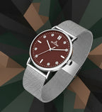 Men's brown dial silver chain watch angled view