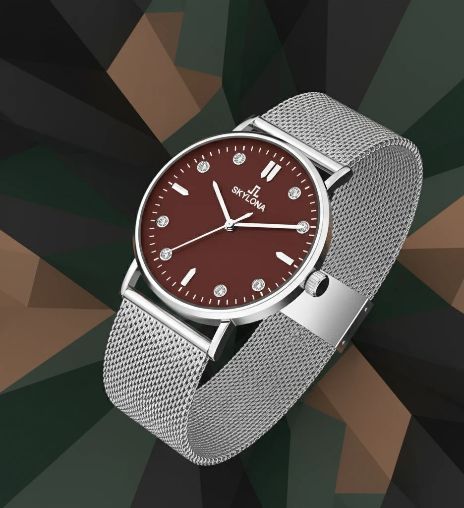 Men's brown dial silver chain watch angled view