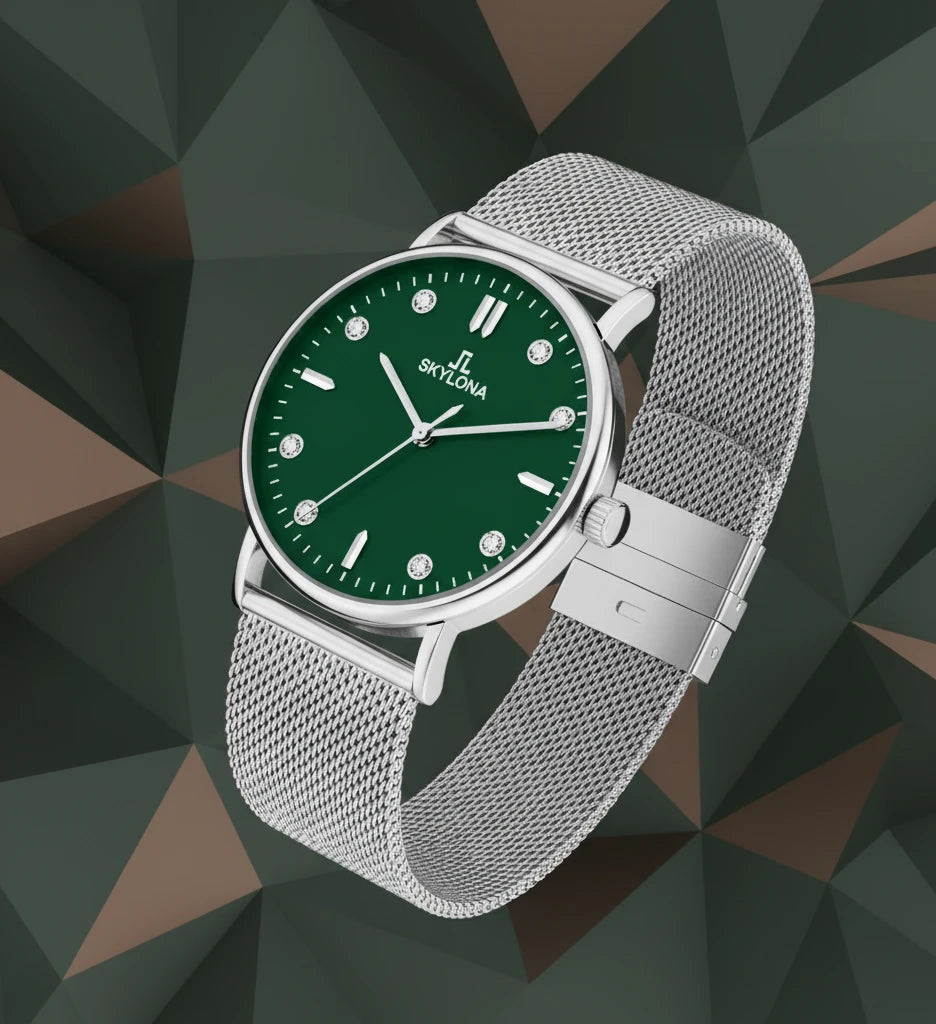 Men's green face silver chain watch angled view