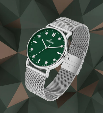 Men's green face silver chain watch angled view