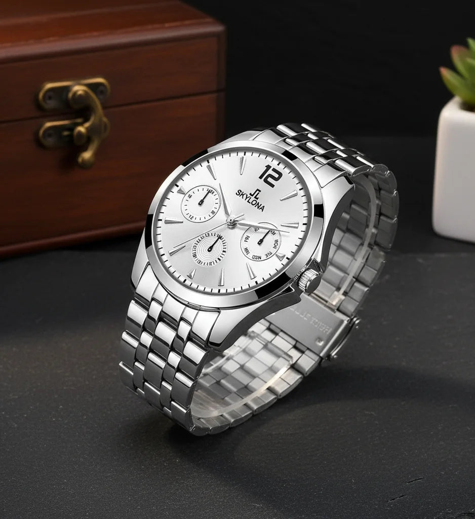 Men's silver formal watch on wrist