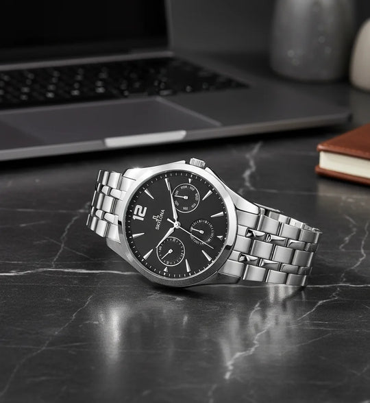 Skylona CTZ silver watch with black dial front view