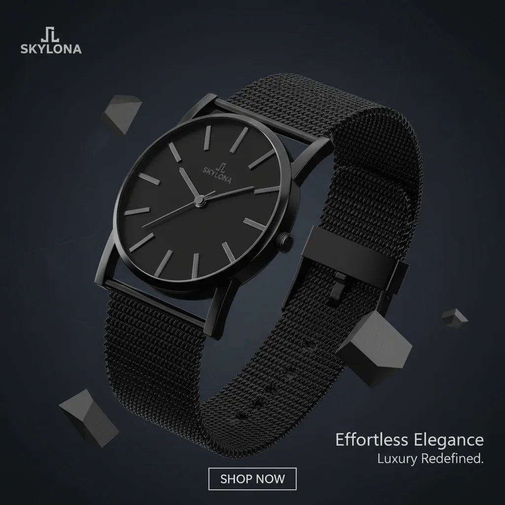 Minimalist black dial analog watch with clean hour markers and modern design

