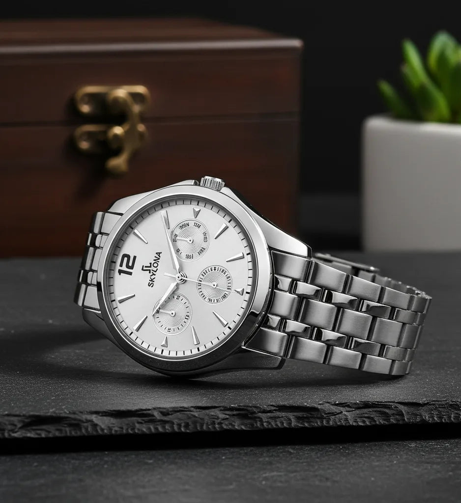 Polished silver chain watch side profile