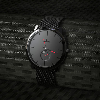 Red chronograph wristwatch close up