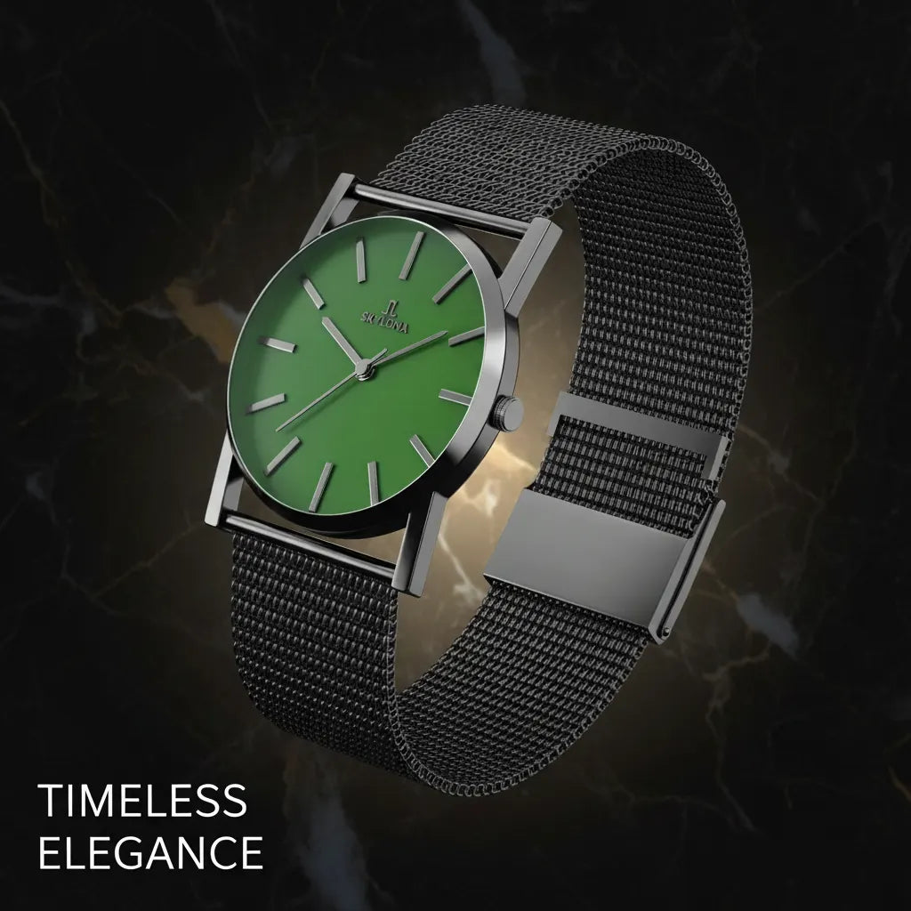 Side view of Elegance Green watch showing slim stainless steel case
