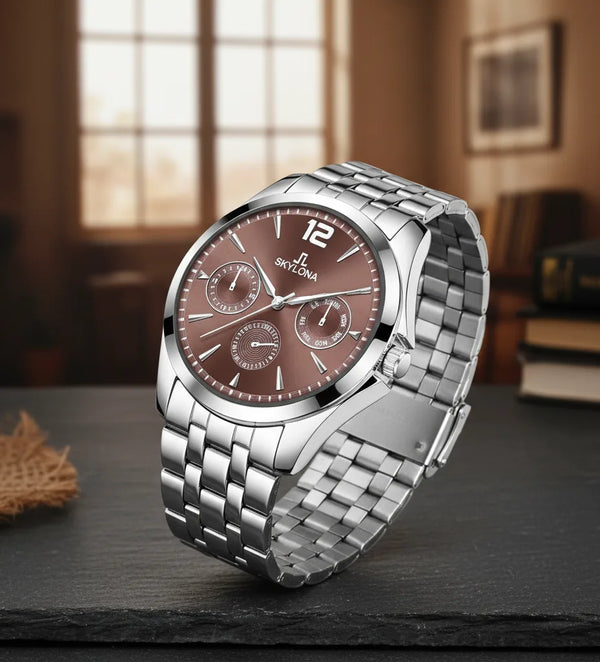 Skylona CTZ brown dial watch with stainless steel chain strap