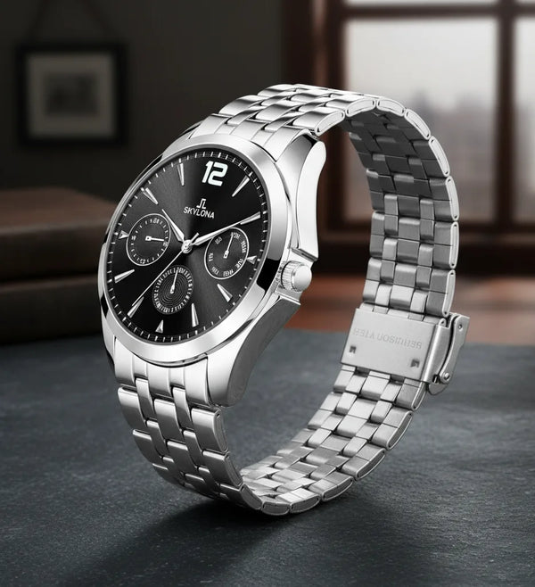 Men's silver stainless steel watch black face