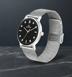 Skylona silver stainless steel watch with black dial front view