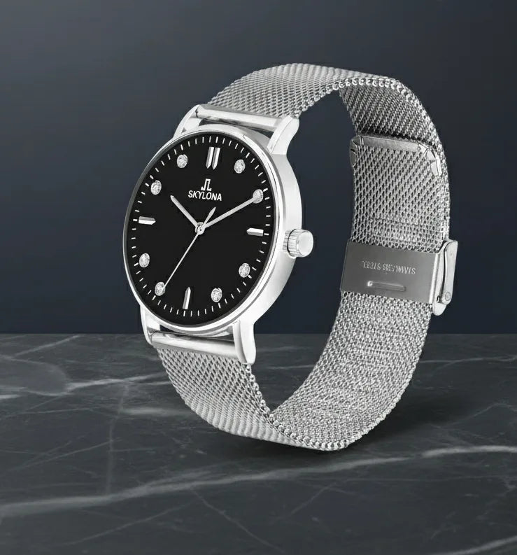 Skylona silver stainless steel watch with black dial front view