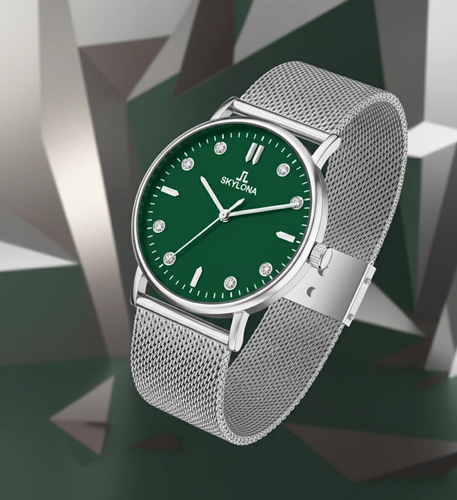 Skylona silver stainless steel watch with emerald green dial front view