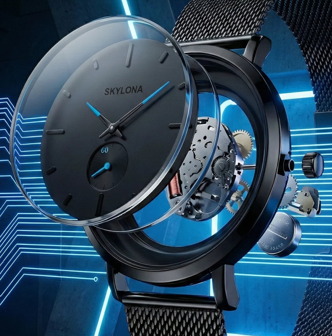 Skylona watch with transparent case back on a blue technical background