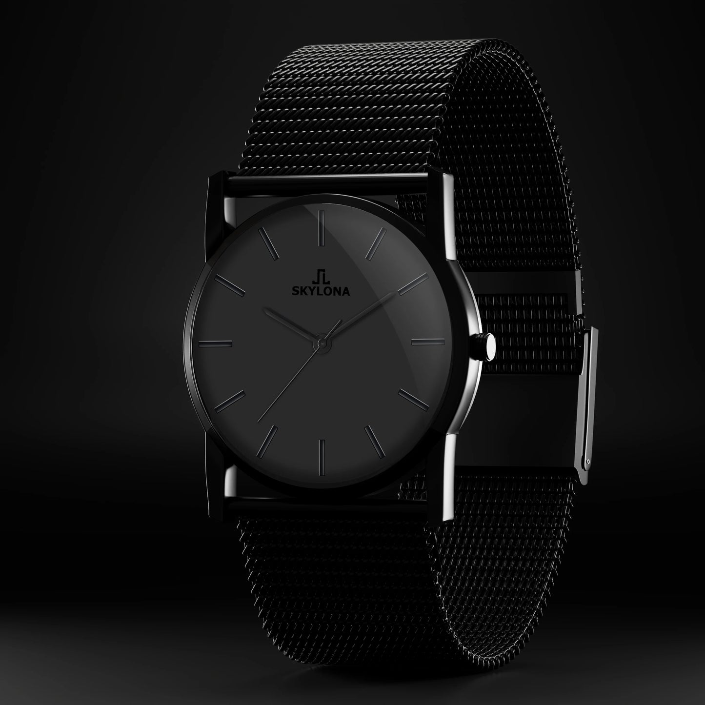 Stainless steel black mesh strap watch with secure clasp detail
