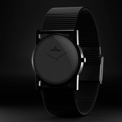 Stainless steel black mesh strap watch with secure clasp detail
