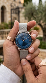 The Meridian Timepiece Midnight Deep Blue · Rose Gold Hands