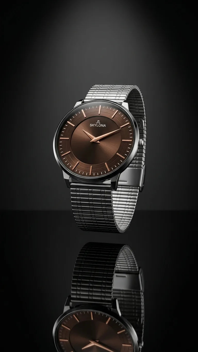 The Meridian Timepiece Tobacco Dusk Warm Brown · Rose Gold Hands